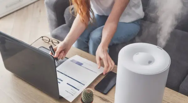 Donna lavora al computer con umidificatore attivo. Soluzione per sacchetti anti umidità fai da te.