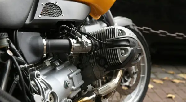 Zbliżenie na silnik motocykla z żółtym bakiem i elementami układu paliwowego.