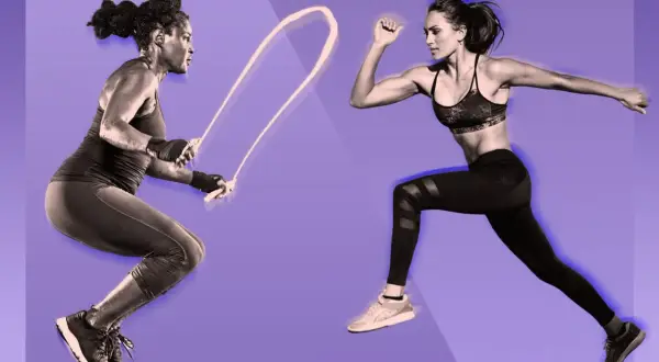 Two women in athletic wear are shown mid-jump, one with a jump rope, ready for a 10 minute jump rope workout.