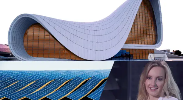 Nowoczesna architektura i panele słoneczne, które mogą wykorzystywać perowskity do efektywniejszego pozyskiwania energii.