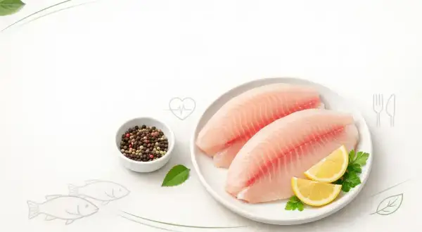 Dwa filety ryby tilapia na talerzu z cytryną i natką pietruszki. Obok miseczka z pieprzem. Czy ryba tilapia jest zdrowa?