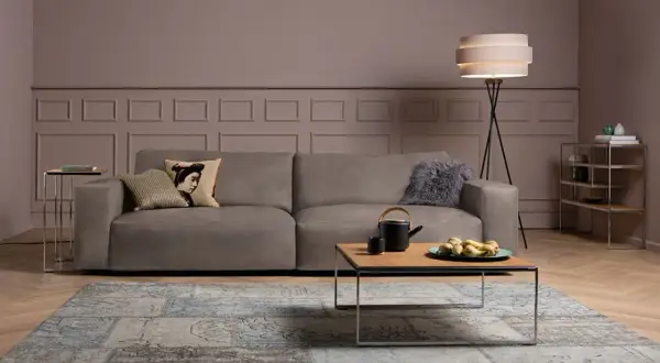 Gemütliches Wohnzimmer mit einem Sofa in Farbe Taupe, einem Couchtisch mit Teekanne und Früchten, sowie einem Teppich.