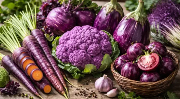 Lila Karotten, Auberginen, Blumenkohl und Tomaten – ein Fest für die Augen und eine Inspiration für einen lila Salat.