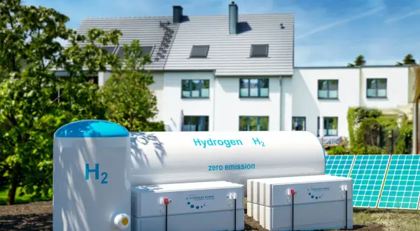 Nowoczesny dom zasilany przez piec na wodór, panele słoneczne i magazyny energii. Czysta energia przyszłości.