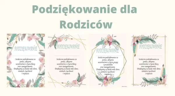 Wzór podziękowania dla rodziców za współpracę, z motywem piór i kwiatów. Dziękujemy za pomoc, aktywność i zaangażowanie.