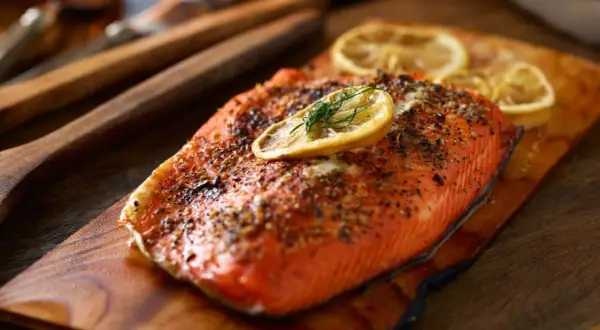 Perfekt gegarter Lachs auf Holzbrett, garniert mit Zitrone und Dill. Die Kerntemperatur für den Lachs smoker ist entscheidend für den perfekten Garpunkt.