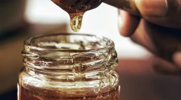 Goutte de miel doré tombant d'une cuillère dans un pot en verre. Une délicieuse alternative par quoi remplacer le sirop d'érable.