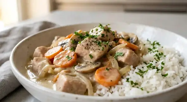 Un réconfortant blanquette de dinde avec des carottes, champignons et oignons, servi avec du riz blanc et garni de persil frais.