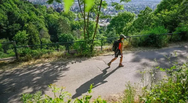 Persona con mochila camina por un sendero, disfrutando del senderismo y las vistas de la ciudad.