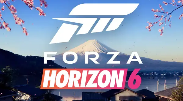 Logo Forza Horizon 6 na tle góry Fudżi i kwitnących wiśni. Gra dostępna na PS5.