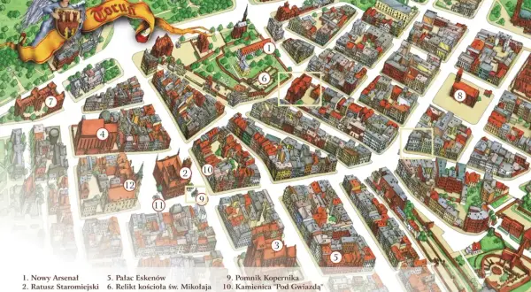 Ilustrowana mapa Torunia i okolic, ukazująca zabytki i atrakcje turystyczne, w tym Ratusz Staromiejski i Katedrę św. Janów.