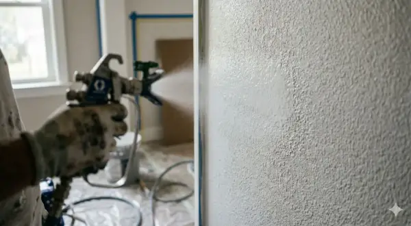 Mano guantata usa pistola a spruzzo per dare finitura a muro. Meglio rullo o pistola a spruzzo? La pistola offre un'applicazione uniforme.