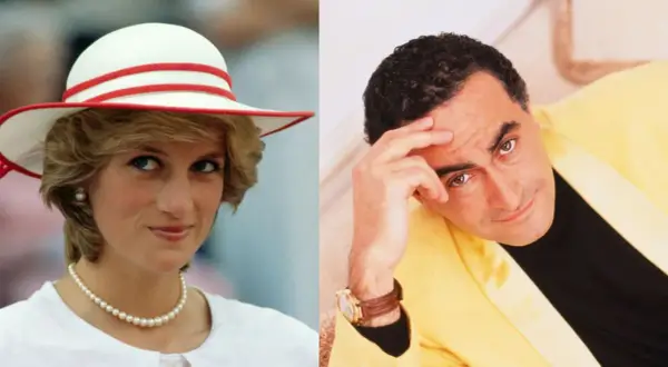Księżna Diana w kapeluszu i Dodi Al Fayed w żółtej marynarce.