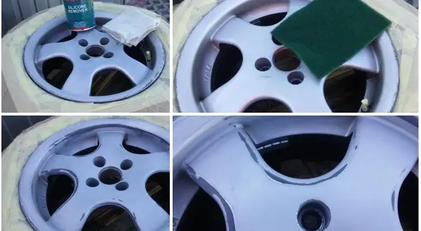 Przygotowanie felg aluminiowych do malowania: czyszczenie środkiem do usuwania silikonu i szlifowanie.
