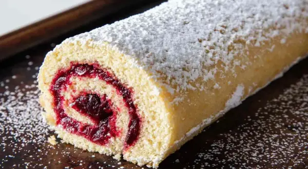 En saftig rulltårta med syltkärna, pudrad med florsocker. Denna rulltårta choklad är en klassiker som passar till fikat.
