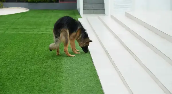 Pastor alemán olfateando césped artificial. Si tu perro hace pipí, así es como limpiar césped artificial de pipí de perro.