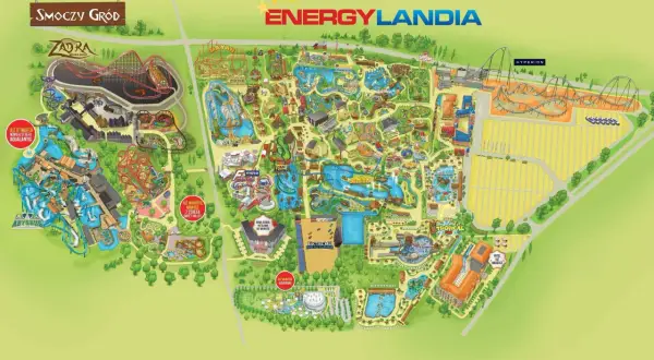 Mapa Energylandii z atrakcjami jak Smoczy Gród, Hyperion, Aqualantis. Idealna dla posiadaczy Karty Dużej Rodziny na niezapomniane rodzinne przygody.