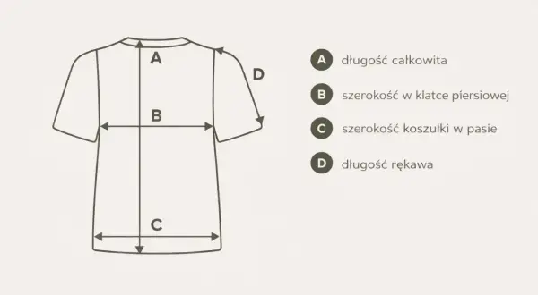 Schemat wymiarów koszulki męskiej, rozmiar 52. Pokazuje długość całkowitą (A), szerokość w klatce (B), szerokość w pasie (C) i długość rękawa (D).