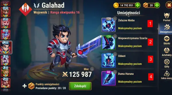 Galahad, wojownik z gry Hero Wars Online, gotowy do walki z potężnym mieczem. Jego umiejętności są na maksymalnym poziomie.