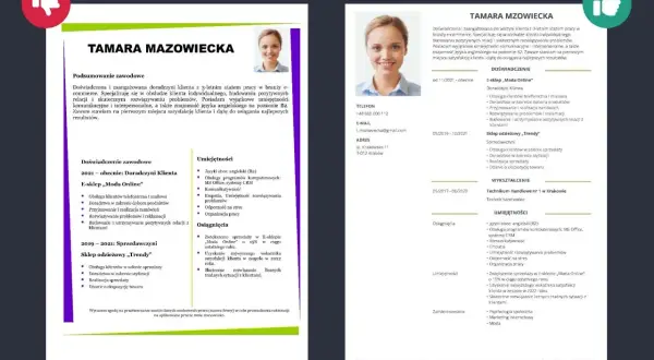 CV Tamary Mazowieckiej, doradczyni klienta z doświadczeniem w e-commerce. Dokument zawiera podsumowanie zawodowe, doświadczenie, umiejętności i osiągnięcia, stanowiące jej **praca zaliczeniowa**.