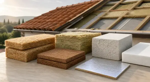 Vari tipi di materiali isolanti, tra cui pannelli per intonaco isolante termico, disposti su un tavolo con un tetto in costruzione sullo sfondo.