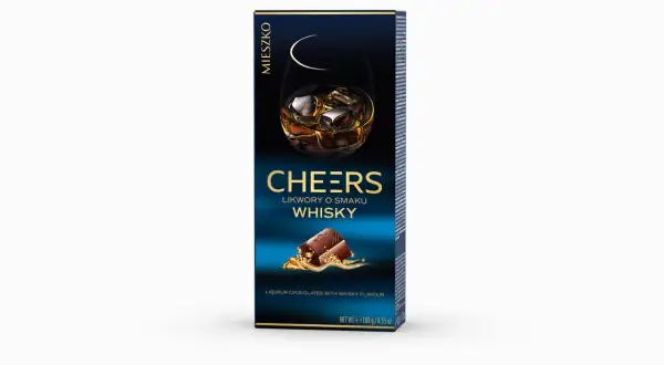 Pudełko likworów "Cheers" o smaku whisky. Czy w whisky jest cukier? Te czekoladki z pewnością go zawierają, oferując słodką przyjemność.