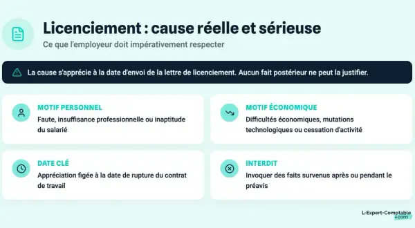 Licenciement : cause réelle et sérieuse. Motifs personnels (faute, inaptitude) ou économiques (difficultés, mutations). La cause s'apprécie à la date d'envoi de la lettre.
