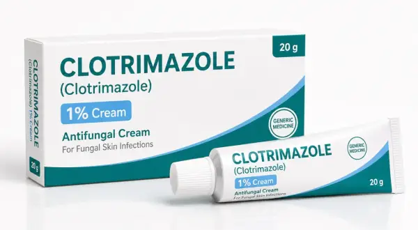 Tube et boîte de crème antifongique Clotrimazole 1% pour le traitement mycose.