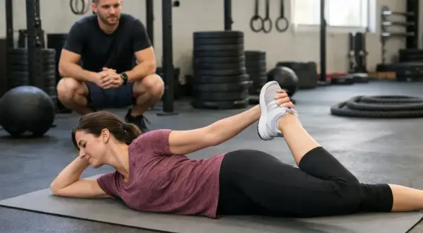 Femme en plein étirement quadriceps sur un tapis de gym, un homme la regarde.