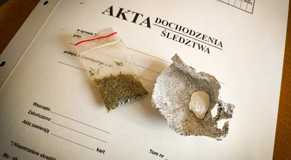 Mała torebka z suszem i grudka substancji w folii aluminiowej na dokumentach śledczych.