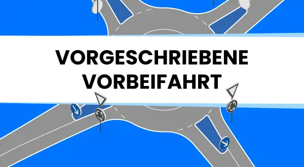 Grafik zeigt einen Kreisverkehr mit Schildern, die eine vorgeschriebene Vorbeifahrt anzeigen.