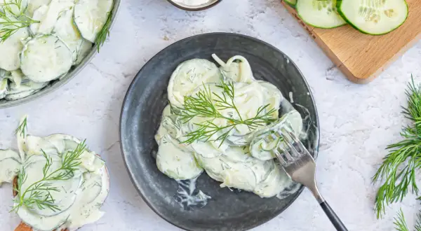 Cremiger Gurkensalat mit Schmand und frischem Dill, garniert mit Dillzweigen. Ein erfrischender Genuss!