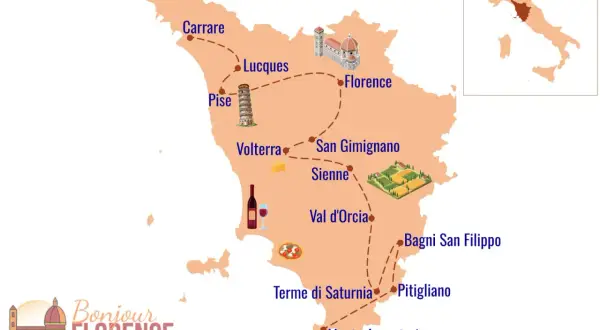 Carte touristique de la Toscane, Italie, avec des icônes de monuments, de gastronomie et de paysages. Elle montre un itinéraire reliant Florence, Pise, Sienne et d'autres villes.