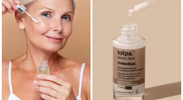 Kobieta aplikuje serum z kwasem traneksamowym na twarz. Produkt to tołpa. dermo face melaclear, intensywne serum korygujące przebarwienia.