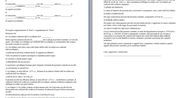Contratto di accollo con cui l'Accollante si assume il debito dell'Accollato. Documento legale per la liberatoria mutuo.