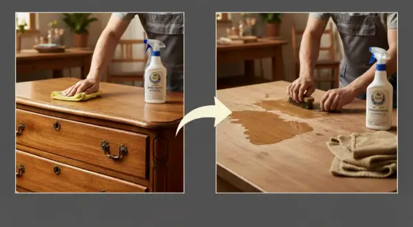 Demostración de cómo limpiar muebles de madera: un lado muestra un mueble pulido, el otro, el proceso de limpieza con cepillo y producto.