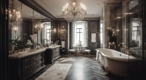 Lussuoso bagno alla francese con vasca in stile antico, doppio lavabo e grande lampadario di cristallo.