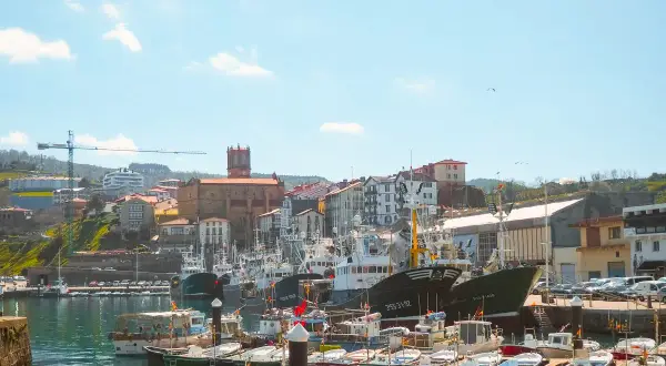 Puerto de Getaria, cerca de San Sebastián, con barcos de pesca amarrados y edificios pintorescos en la colina.