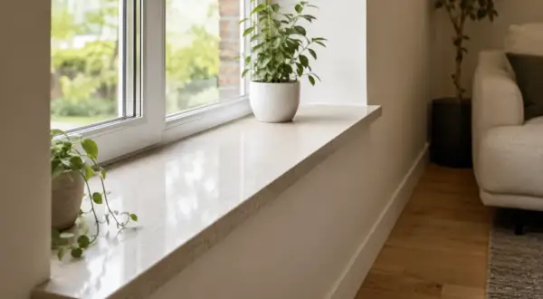 Jasny parapet z kamienia, przypominający żywicę, z zielonymi roślinami.