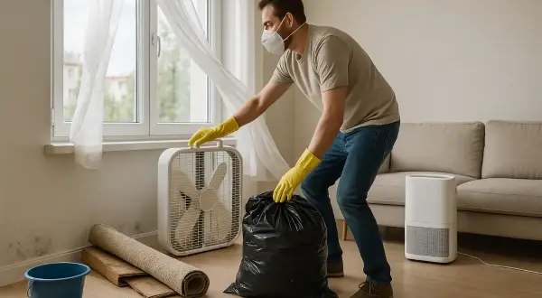 Mężczyzna w masce i rękawiczkach usuwa czarny worek z domu, gdzie pojawił się grzyb. Obok stoi wentylator i niebieskie wiadro.
