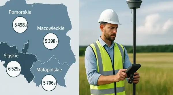Mapa Polski z zaznaczonymi województwami i cenami usług geodezyjnych, obok geodeta z urządzeniem pomiarowym.