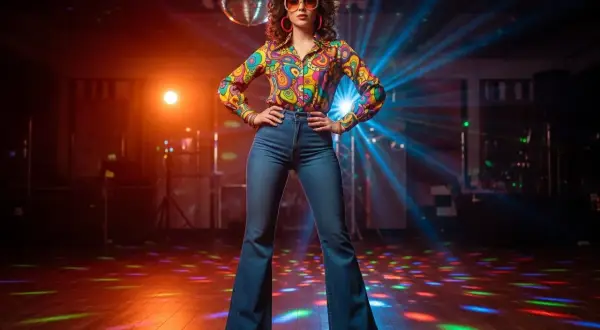Kobieta w kolorowej koszuli i dzwonach, idealna inspiracja, jak się ubrać na imprezę w stylu lat 50. Disco ball i światła tworzą klimat.