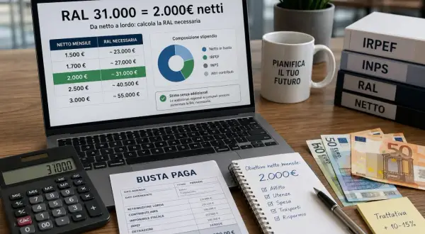 Calcolo RAL metalmeccanico: laptop mostra tabelle e grafici per determinare il lordo partendo dal netto. Busta paga, calcolatrice e euro completano la scena.