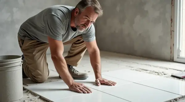 Un homme pose des carreaux blancs au sol, un seau à côté. Il s'agit d'un bain de carrelage méticuleux.