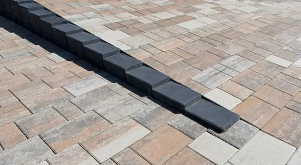 Nowa palisada z kostki brukowej tworzy elegancką linię na tarasie z kostki w odcieniach beżu i szarości.