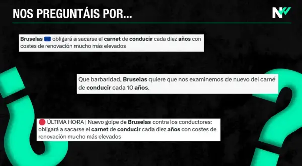 Noticias sobre la obligatoriedad de renovar el carnet de conducir cada 10 años, como si fueran apuntes de autoescuela.