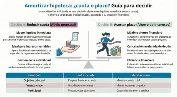 Guía para decidir si amortizar hipoteca: reducir cuota para liquidez o acortar plazo para ahorrar intereses.