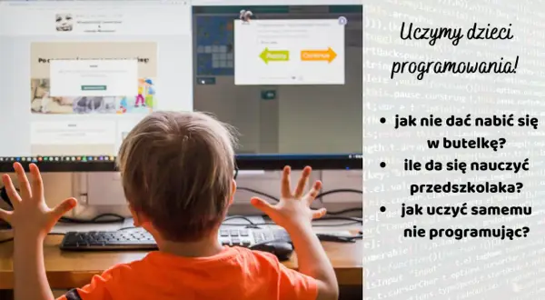 Chłopiec uczy się programowania dla dzieci. Widok zza pleców na ekran komputera z kodem i grą edukacyjną.