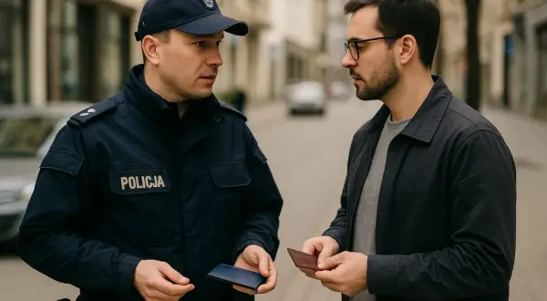 Policjant w mundurze z napisem "POLICJA" legitymuje mężczyznę, który podaje mu dokument. Podstawa prawna legitymowania jest kluczowa w tej sytuacji.