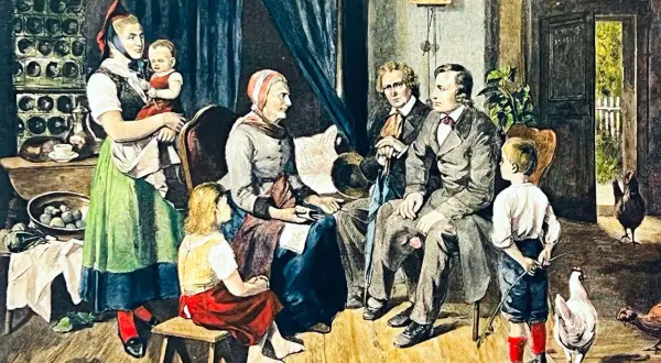 Rodzina zgromadzona w izbie, gdzie matka karmi dziecko, a starsi słuchają opowieści. Obraz ukazuje motyw tradycji w literaturze, przekazywanej z pokolenia na pokolenie.